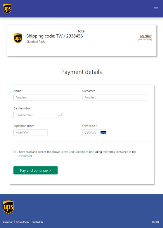 A fake UPS Taiwan parcel payment form 